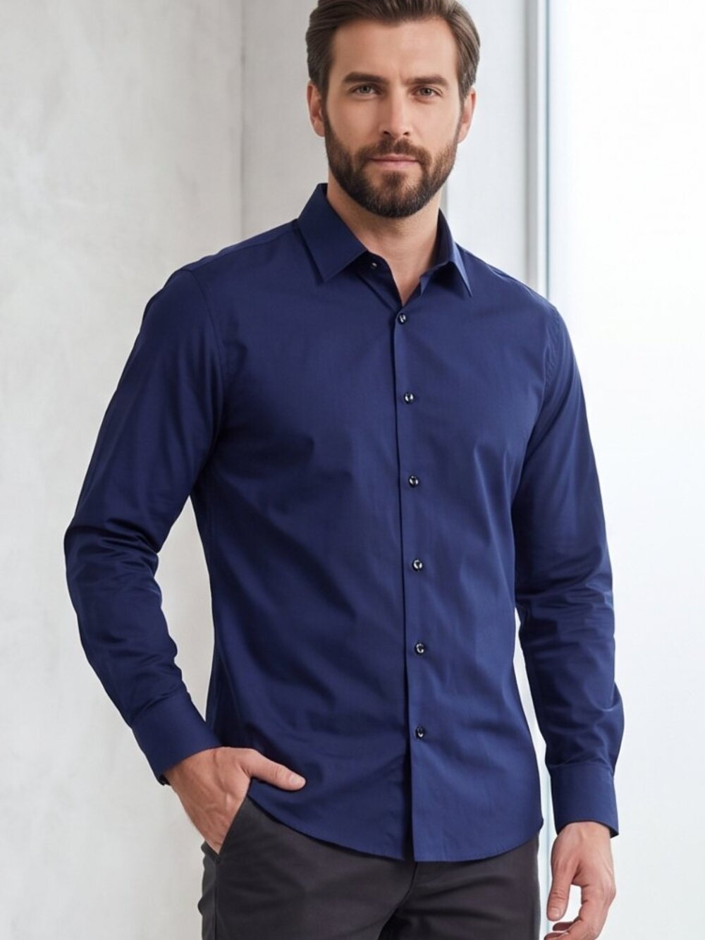 NWOT | Men's Navy Blue Solid Long Sleeve Button Up Dress Shirt Business | Small